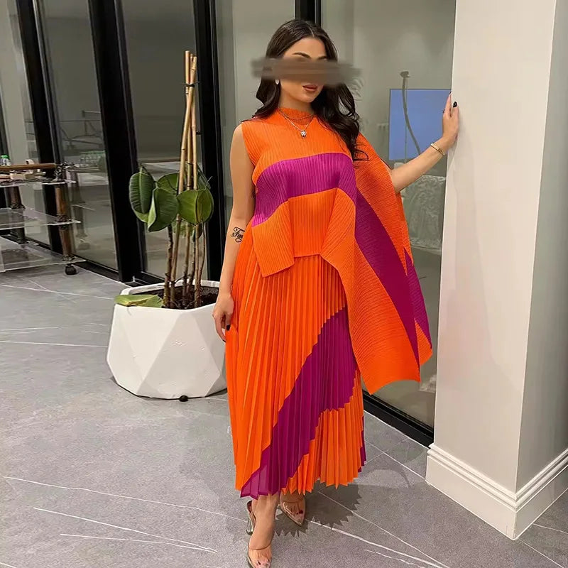 Miyake Fold 2025 Autumn Women's Color Matching New Set Shawl Irregular Top Long Elastic Waist Skirt Two-piece Set