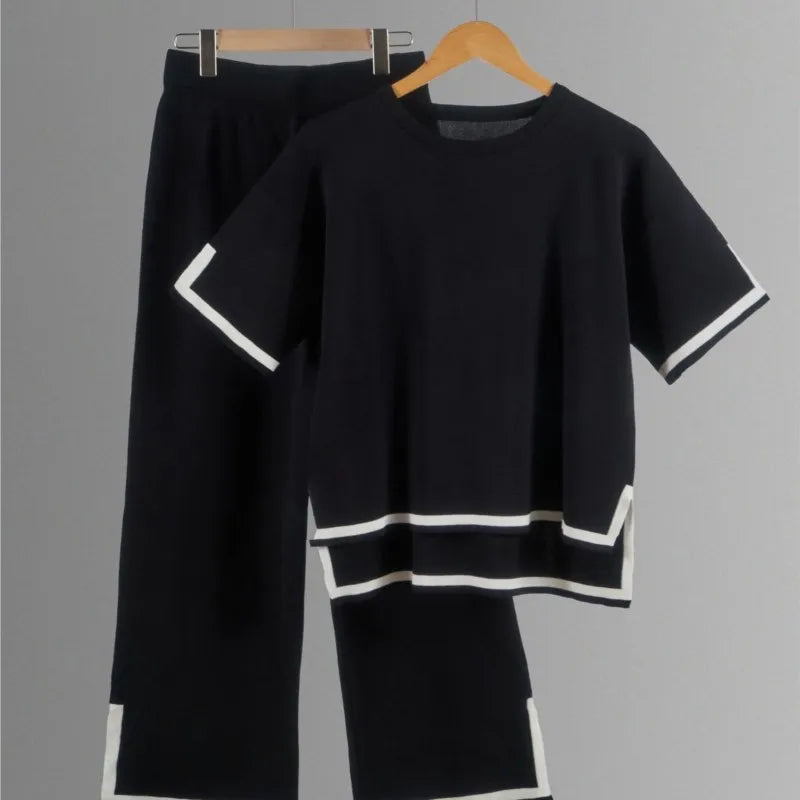 Two-piece Summer New Knitted Elegant Trousers Suit Short-sleeved Pullover Wide-leg Pants Casual Home Two-piece Women's Set