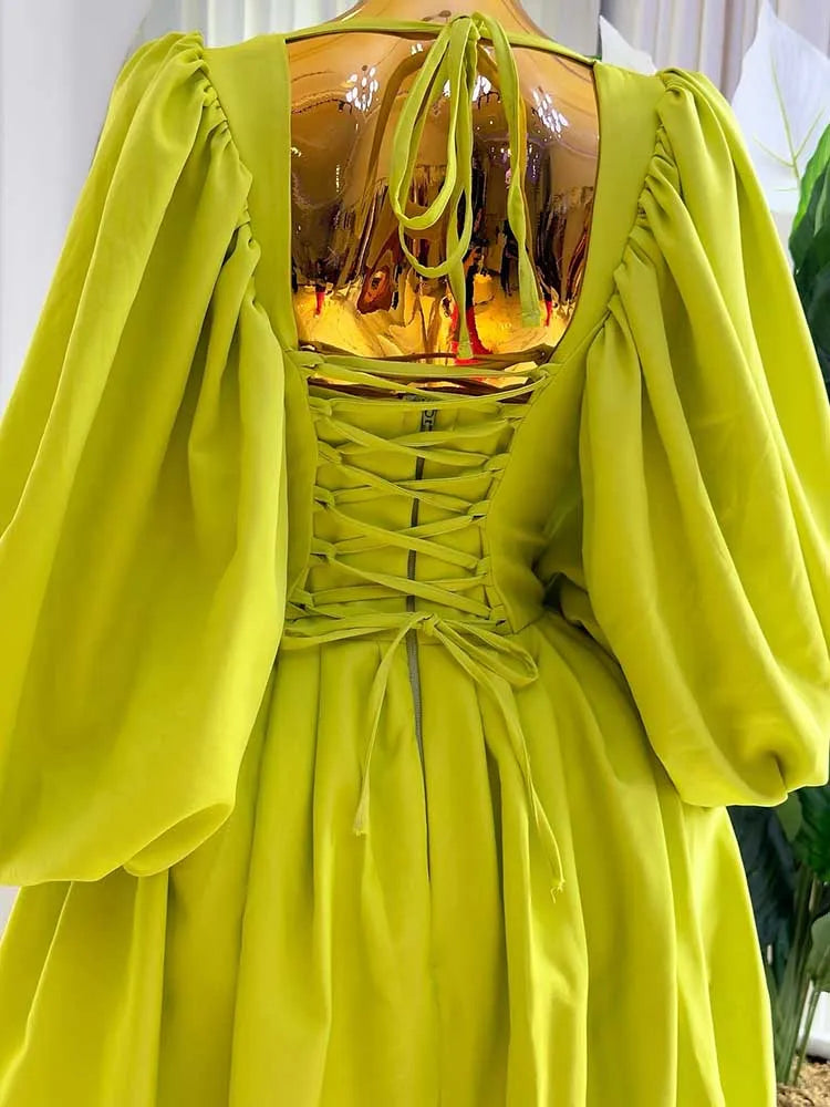 Women Ruched Dresses with Sleeves Spring High Waist Elegant Slash Neck Long Dress Sexy Green Dress Wholesale Dropshipping