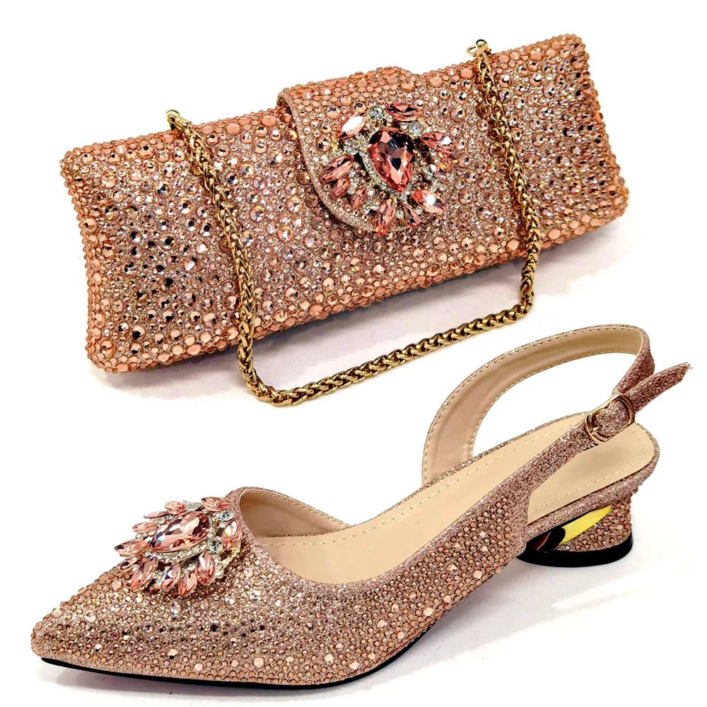 Elegant Women's Low Heels Italian Shoes And Bag Set