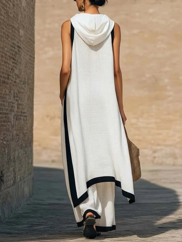 Women's Two-piece Sleeveless Contrasting Color Wide-leg Trousers 2026 Summer Casual Fashion Solid Color Irregular Suit For Women
