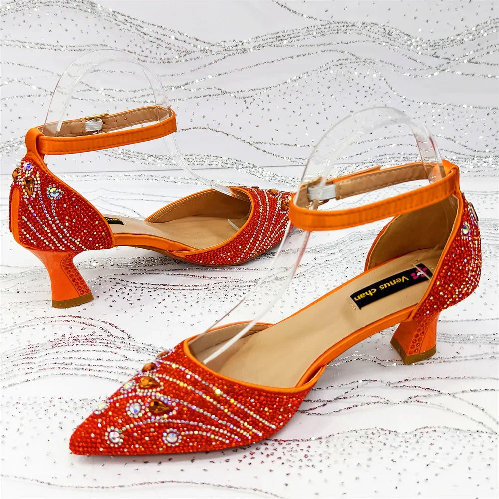 Women's Elegant Rhinestone Pointed Toe Pumps With Matching Shoes And Bag Set