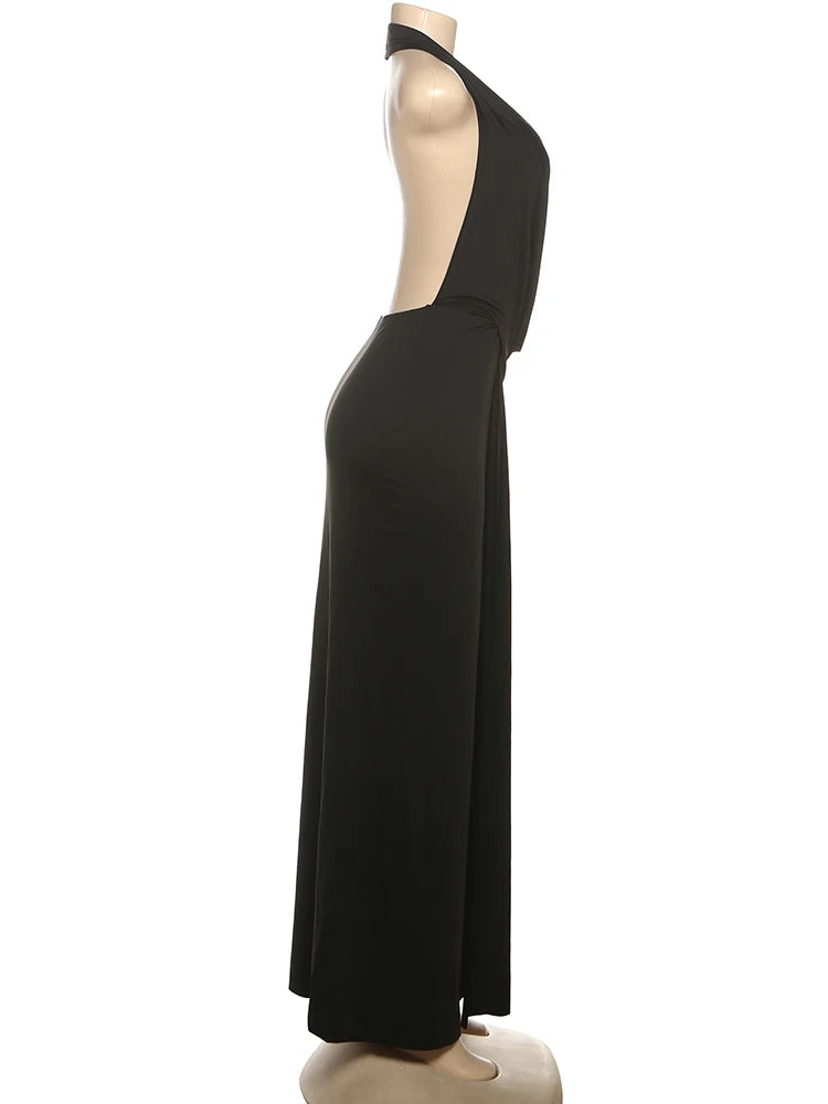 Weird Puss Sexy Backless Long Dress Women Halter Deep V-Neck Sleeveless High Splits Hem New Trend Pool Style Elegant Vestidos