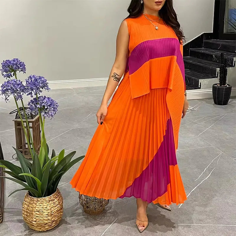 Miyake Fold 2025 Autumn Women's Color Matching New Set Shawl Irregular Top Long Elastic Waist Skirt Two-piece Set