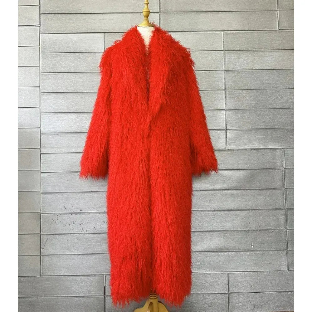 Faux Fur Jacket Women Long Coat Thick Fluffy Winter Warm Shaggy Overcoat Open