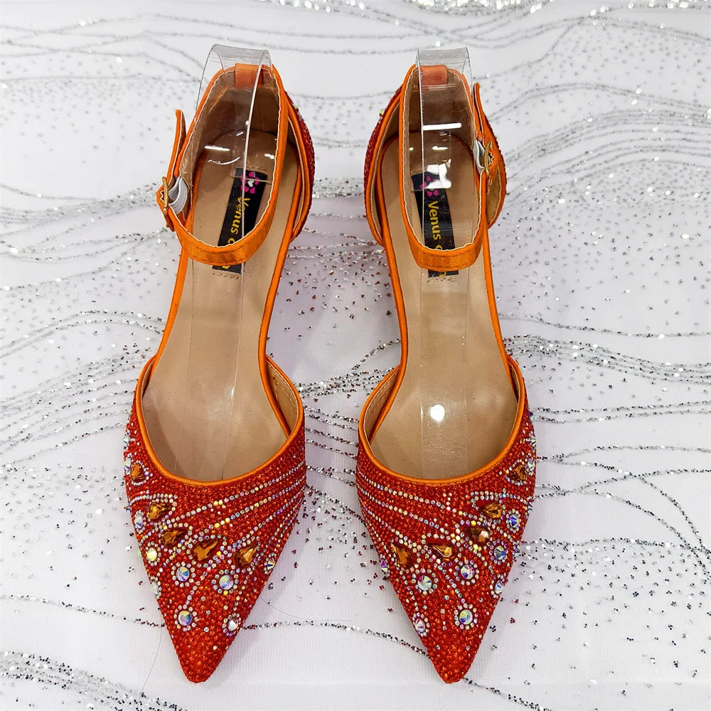 Women's Elegant Rhinestone Pointed Toe Pumps With Matching Shoes And Bag Set