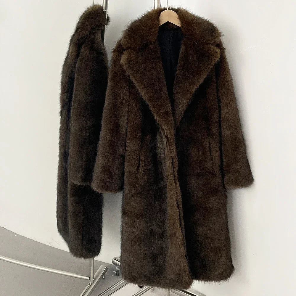 Women's Long Faux Fur Jacket European Style Lapel Casual Coat Eco-Friendly Covered Button Loose Fit Winter Warm