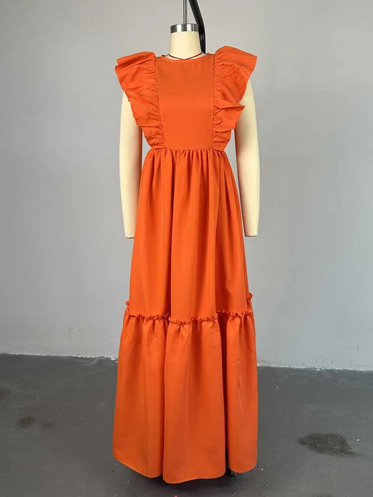 Long Summer Knitted Dress Ruffle Sleeves Casual Orange Dress Women Elegant Luxury Ladies Straight Dresses Wholesale Dropshipping