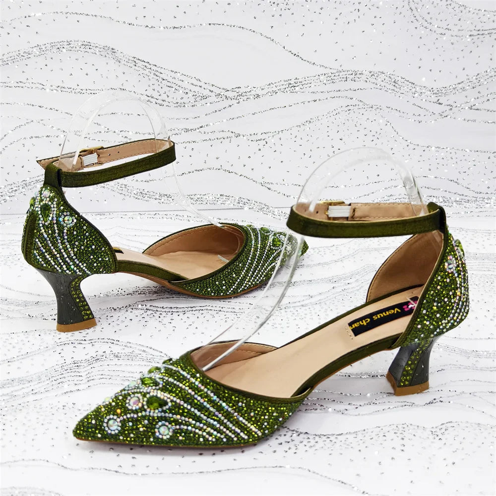 Women's Elegant Rhinestone Pointed Toe Pumps With Matching Shoes And Bag Set