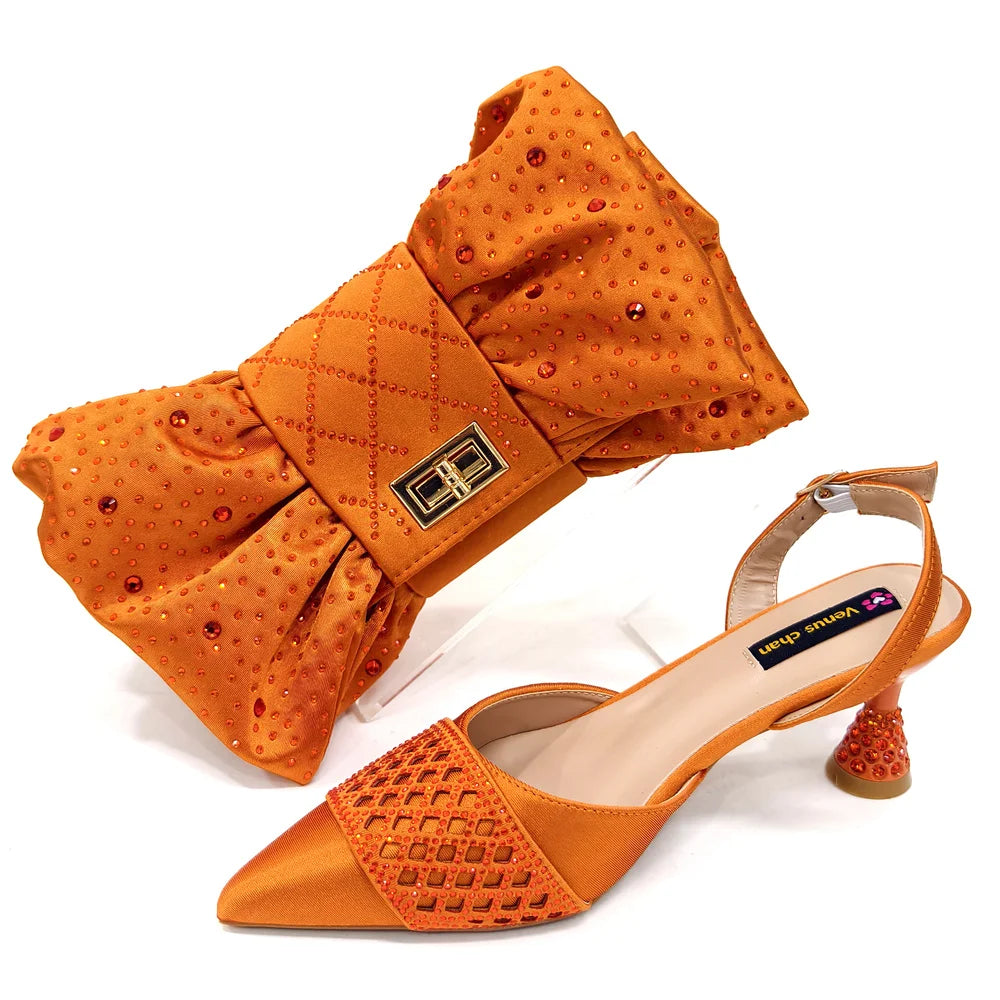Women's Italian Party Shoes and Bag Set With Elegant Diamond Butterfly