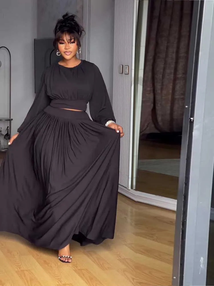 Women's Clothing Autumn 2-piece Long Sleeve Top and Long Skirt Set Casual Dress