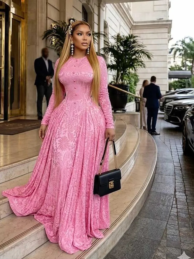 Elegant Luxury Pink Party Dress for Women Fashion High Waist Slim Dress Long Sleeves Maxi Evening Dress Wholesale Dropshipping