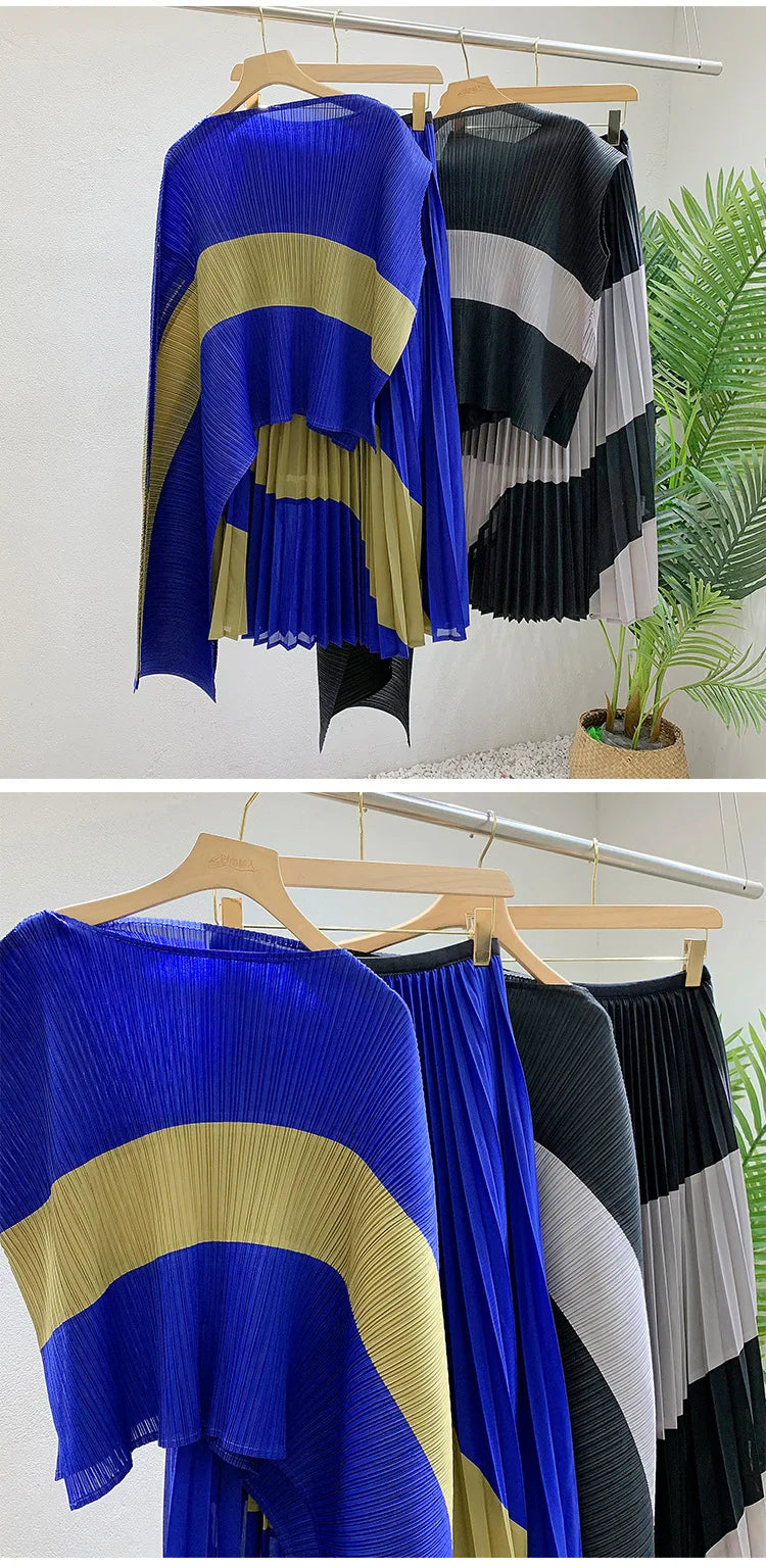 Miyake Fold 2025 Autumn Women's Color Matching New Set Shawl Irregular Top Long Elastic Waist Skirt Two-piece Set