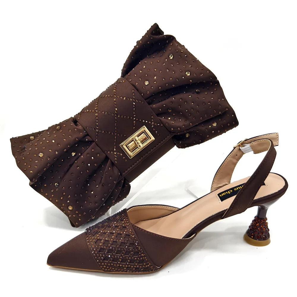 Women's Italian Party Shoes and Bag Set With Elegant Diamond Butterfly