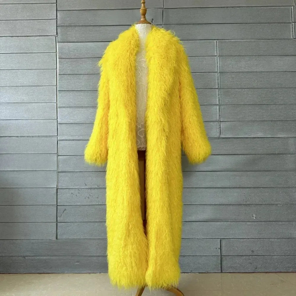 Faux Fur Jacket Women Long Coat Thick Fluffy Winter Warm Shaggy Overcoat Open