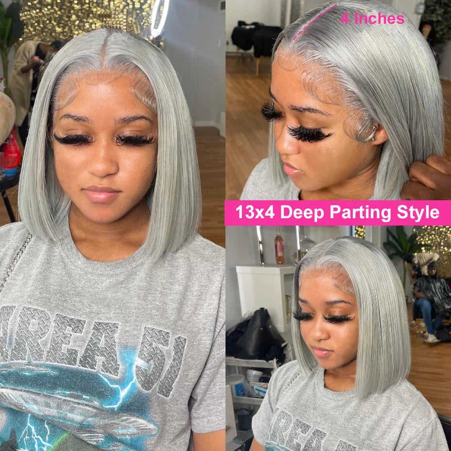 Silver Grey Lace Front Short Bob Wig Grey Colored Straight 13x4 HD Lace Front Wigs Human Hair 10 12 14 16 Inch For Black Women