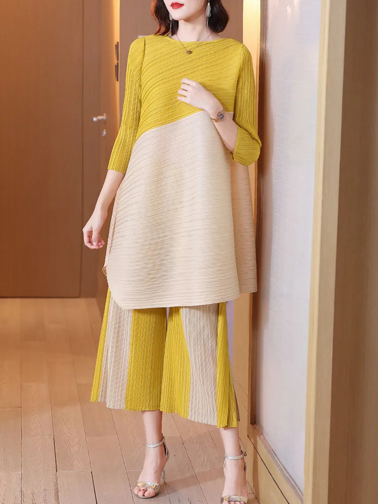 Miyake Pleated Sets Contrast Color O-neck Asymmetric Top Dress+ Loose Wide Leg Pant Two-piece Casual Suits 2022 Autumn Fashion