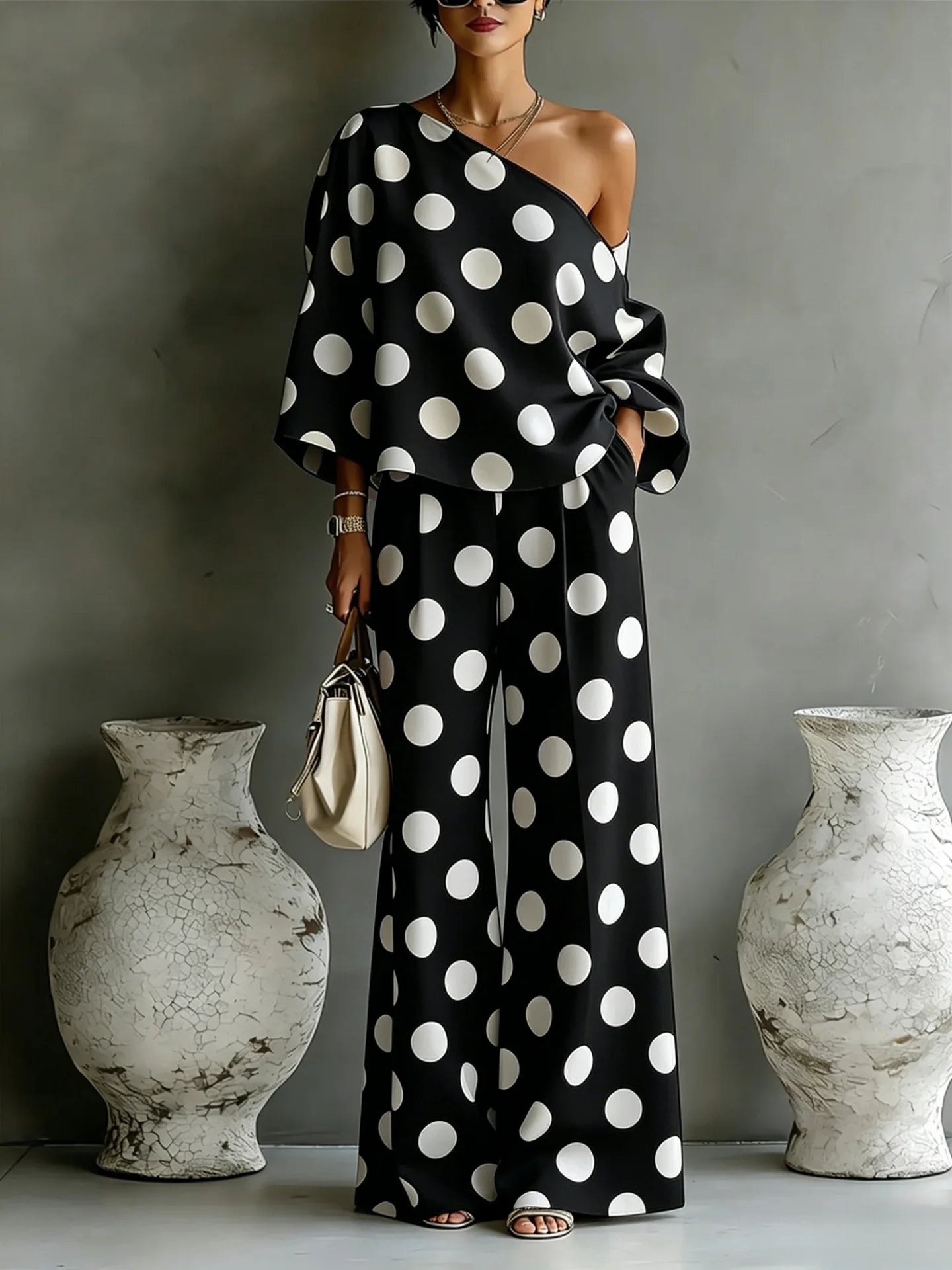 Summer Color Wave Point Set Women Slant Shoulder Open Back Top+High Waist Wide Leg Pants Vacation Style Loose 2 Piece Suit