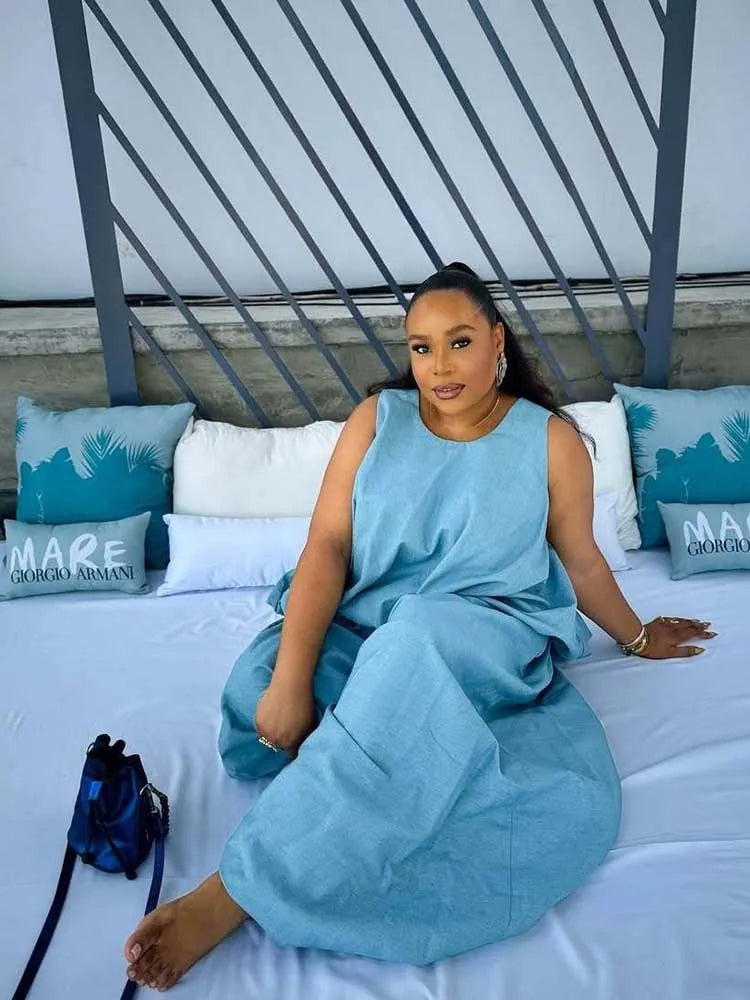 Sets for Women 2 Elegant Pieces Sky Blue Sleeveless Top and Wide Leg Pant Casual Loose Fit Summer Outfits Knit Pants Set