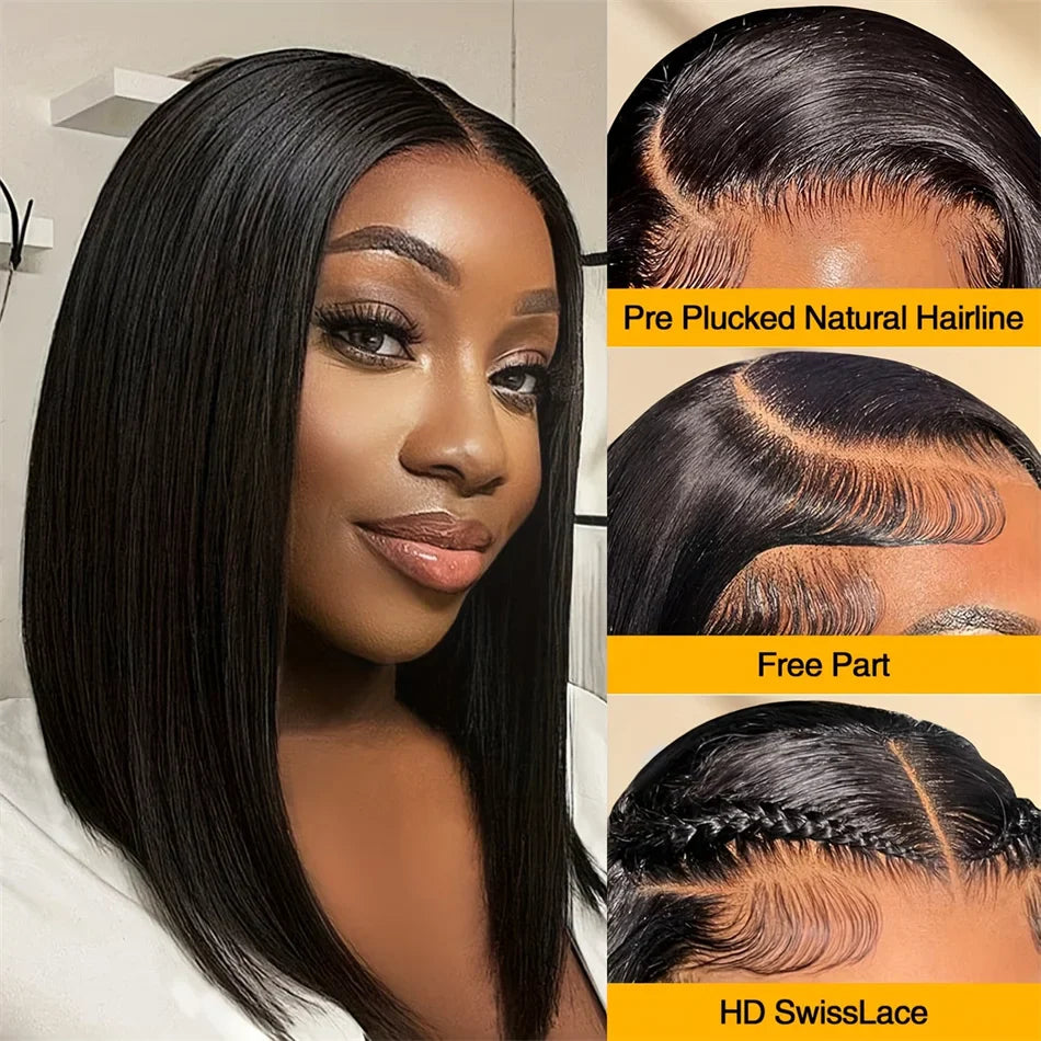 16Inch Vietnamese Super Double Drawn Bone Straight 13x4 Frontal Bob Wig with Human Hair Natural Black 210%Density For BlackWomen
