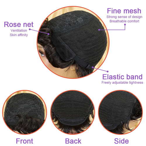 6-Inch Remy Human Hair Pixie Curly Wave Wig with Bangs | 150% Density Full Machine Made Wig, Easy To Wear for Daily Use & Partie