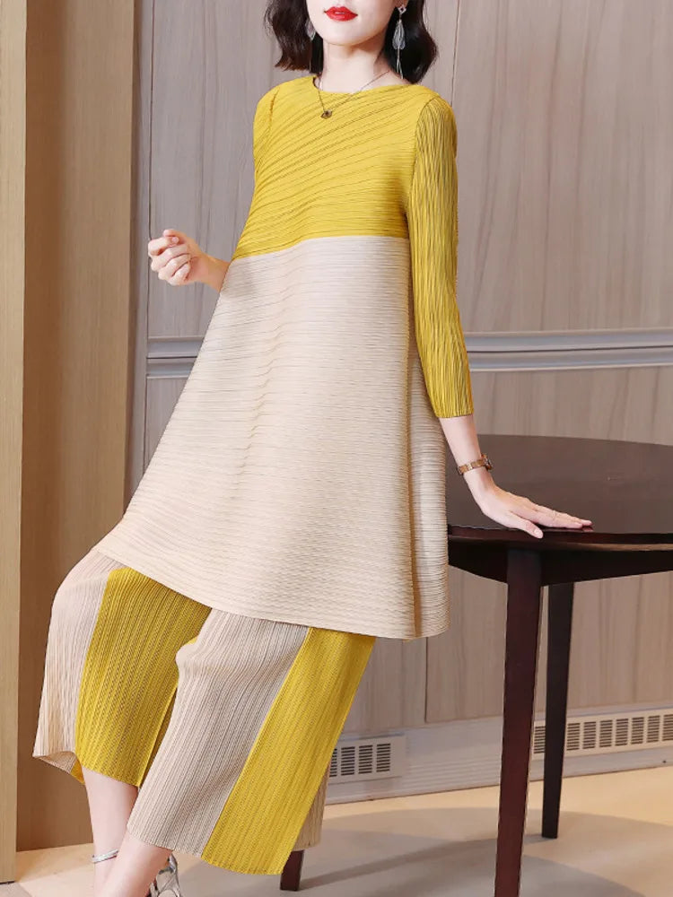 Miyake Pleated Sets Contrast Color O-neck Asymmetric Top Dress+ Loose Wide Leg Pant Two-piece Casual Suits 2022 Autumn Fashion