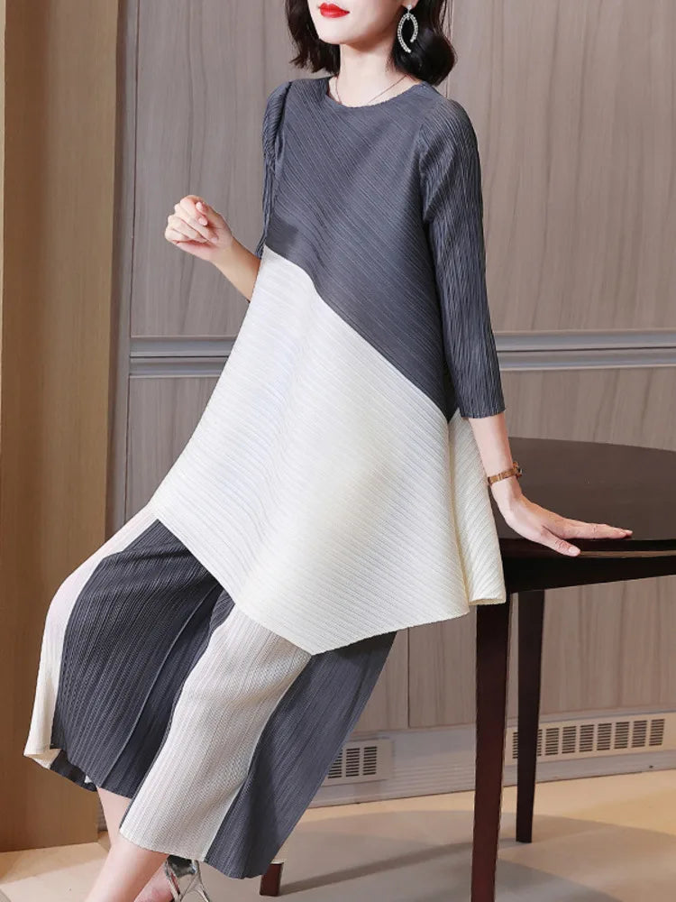 Miyake Pleated Sets Contrast Color O-neck Asymmetric Top Dress+ Loose Wide Leg Pant Two-piece Casual Suits 2022 Autumn Fashion