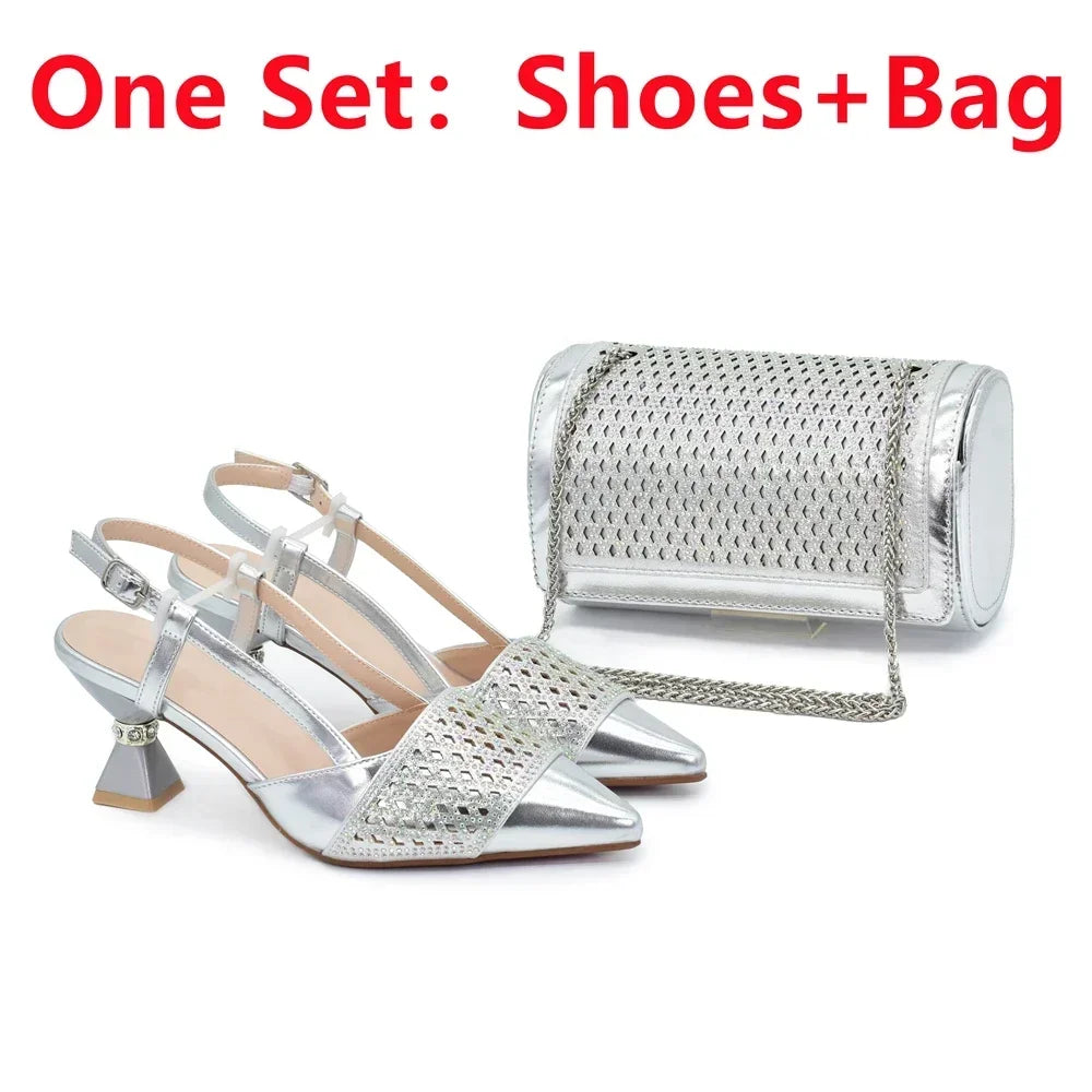 Matching Italian Shoe and Bag Decorated with Rhinestone for Women