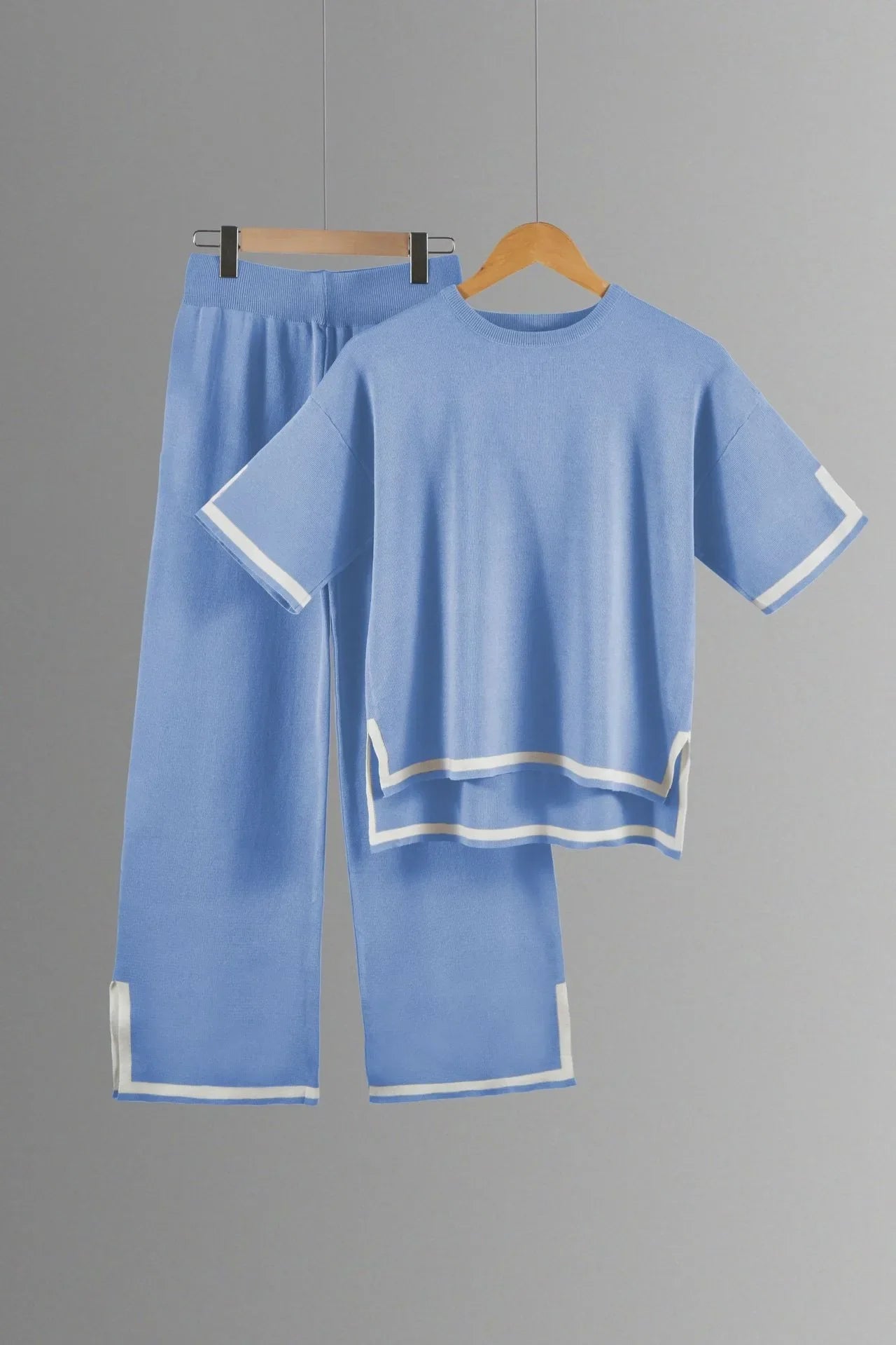 Two-piece Summer New Knitted Elegant Trousers Suit Short-sleeved Pullover Wide-leg Pants Casual Home Two-piece Women's Set