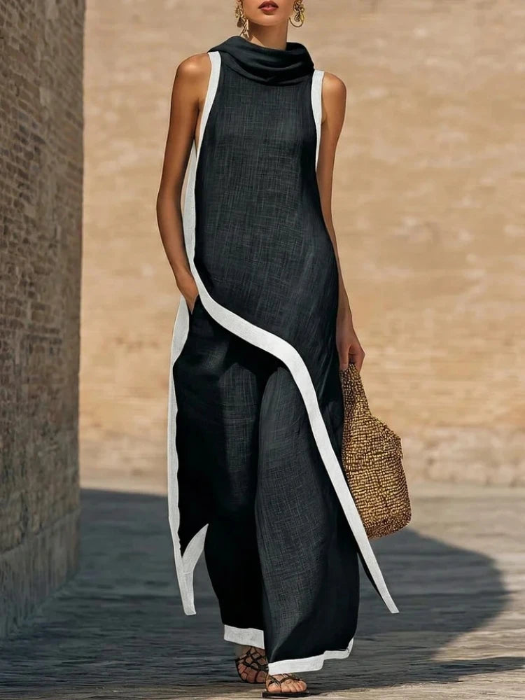 Women's Two-piece Sleeveless Contrasting Color Wide-leg Trousers Summer Casual Fashion Solid Color Irregular Suit For Women