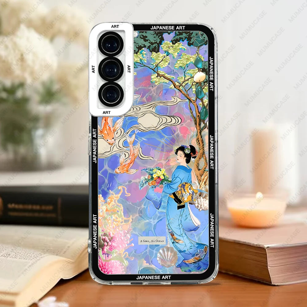 Phone Case For Samsung Galaxy S20 S21 S22 S23 S24 FE Plus Ultra A54 A53 A52 A34 5G TPU Soft Cover Japanese Art Stickers