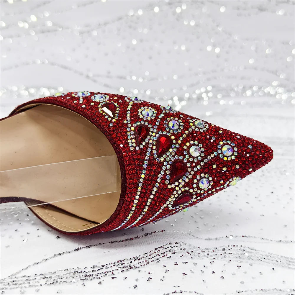 Women's Elegant Rhinestone Pointed Toe Pumps With Matching Shoes And Bag Set