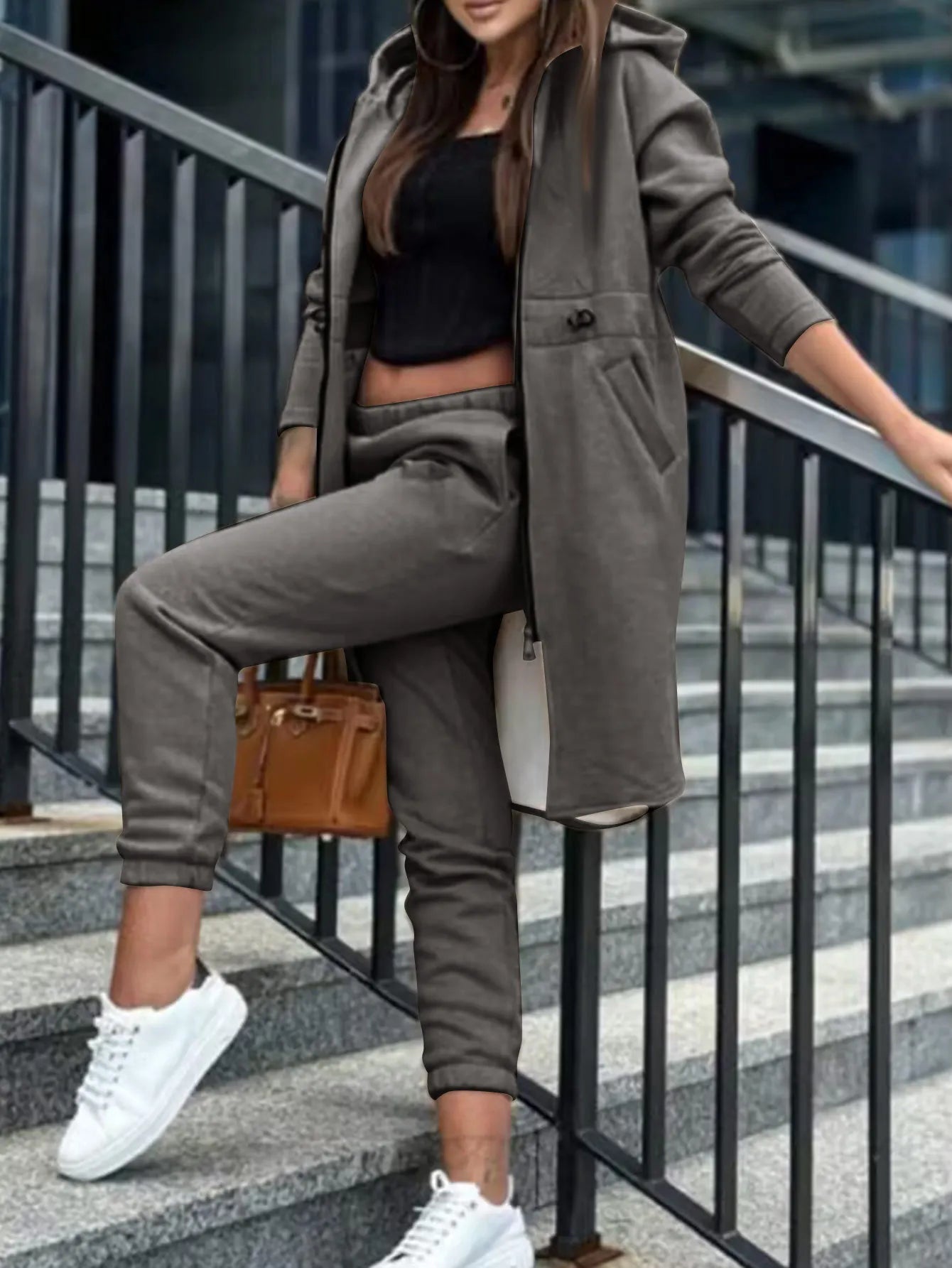 Women's Hooded Zipper Long Coats Tracksuit