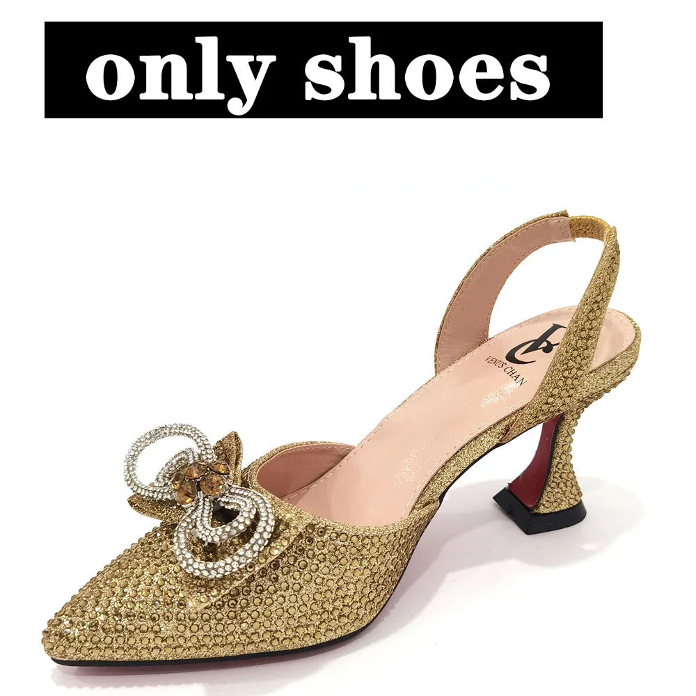 Women's Rhinestone Bow Side Italian Party Shoes And Bags Set