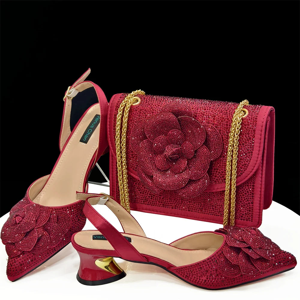 Women's Pointed-Toe Large Flower Decoration Rhinestone Low Heel Italian Shoes and Bags Set