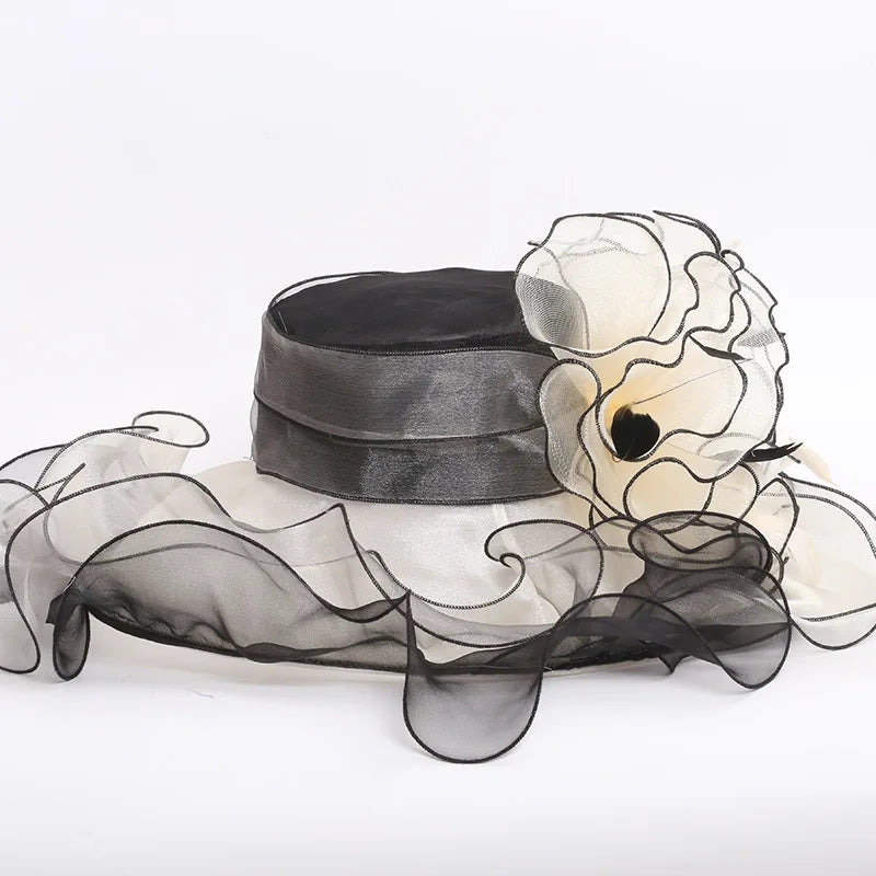 Women's Elegant Fascinators Large Wide Brim Church Hat With Big Flower