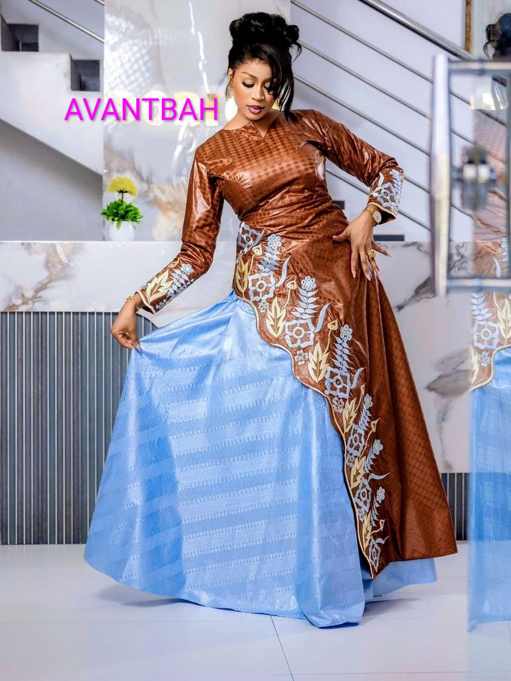 African Bazin Riche Abaya Dress | Elegant Embroidered Grand Bubu, Head Scarf In Brown/Blue