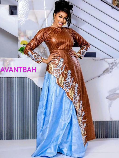 African Bazin Riche Abaya Dress | Elegant Embroidered Grand Bubu, Head Scarf In Brown/Blue